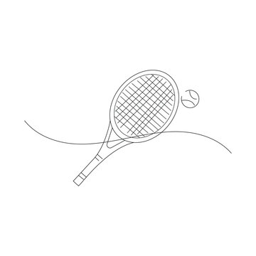 recommend clip art: Tennis racket with ball hand drawn vector illustration, one line art outline stroke flat design minimalist