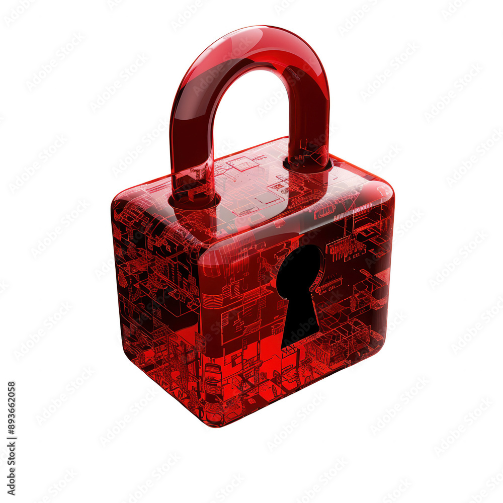 Poster digital security concept: transparent red padlock with circuitry design, symbolizing data protection