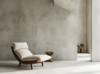 Minimalist Living Room Interior Design with Concrete Wall and Wooden Chair