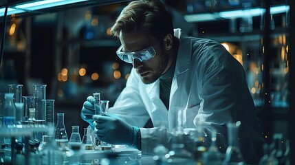 An innovative scientist in a transparent lab, conducting experiments with equipments 