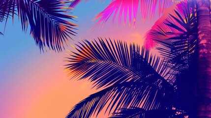 Obraz premium Vibrant Tropical Sunset Silhouettes with Palm Trees