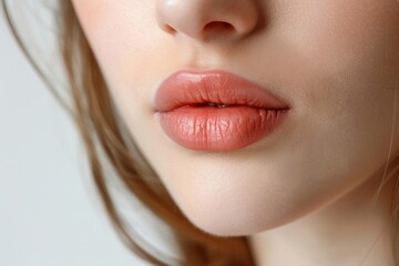 Young beautiful girl with clear healthy skin biting lip Close up on white background Beauty care and spa