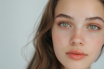 Fototapeta premium Young beautiful girl with clear healthy skin biting lip Close up on white background Beauty care and spa