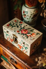Hand-Painted Floral Jewelry Box on Vintage Table - Perfect for Antique Decor and Collectors