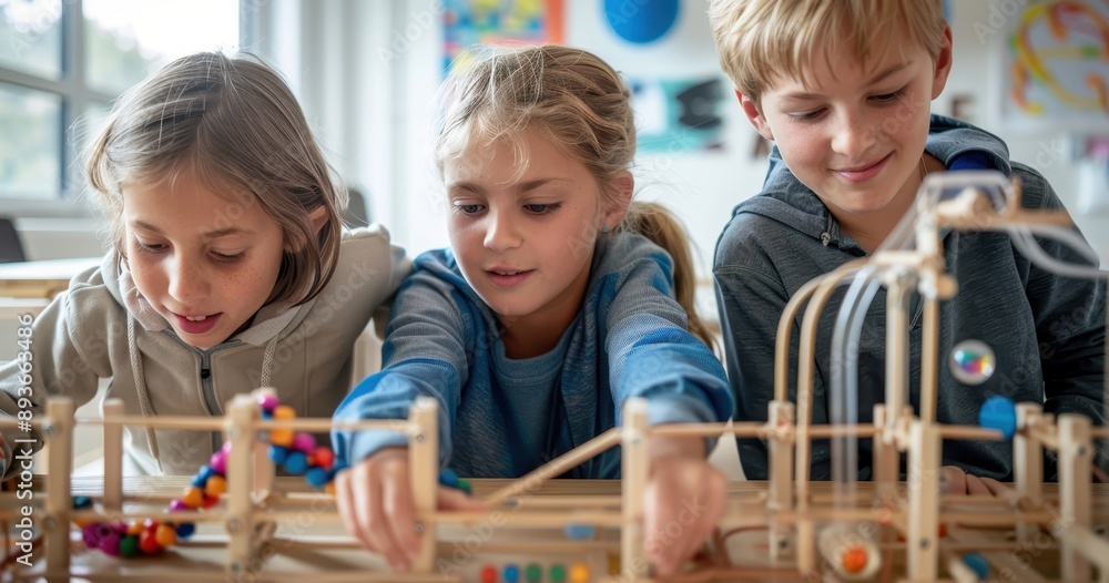 Aufkleber young children engaging in engineering and physics learning while constructing a marble run toy