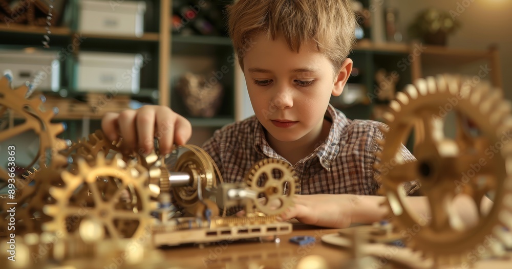 Poster young boy engaged in constructing mechanical model, exploring physics and engineering concepts for e