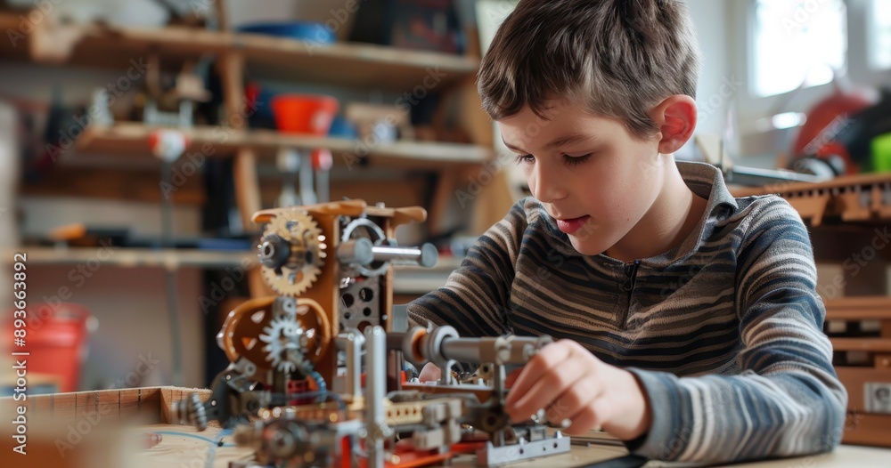 Poster young boy engaged in hands-on learning, building mechanical model to understand physics and engineer