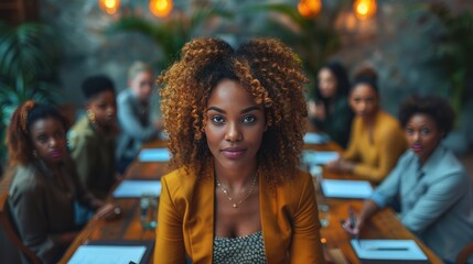 Obraz premium Confident businesswoman leading a diverse team meeting in a modern office setting, discussing strategies and planning projects.