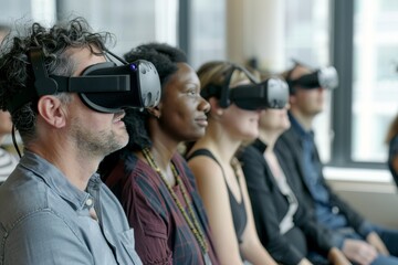 Diverse Team Using VR for Immersive Corporate Training in a Modern Office Environment