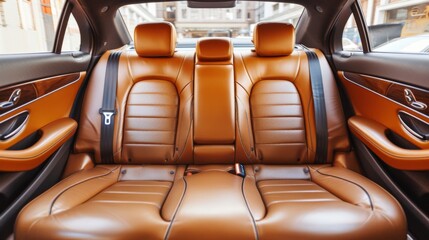 Brown rear leather seats of a modern business class car. Luxury car interior