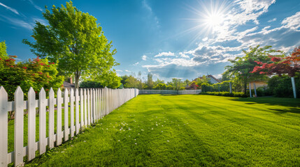 A trimmed green lawn with a white fence against a blue sky. On a sunny day, backyard with green grass. Nature concept.