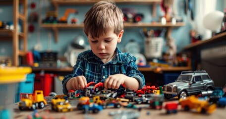 Young boy engaged in interactive play with toy car set, exploring mechanics and motion concepts