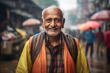 Fototapeta premium Portrait of a smiling indian elderly 100 years old man dressed in a water-resistant gilet while standing against busy urban street