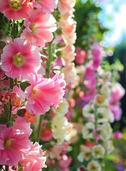 Pink Hollyhock Flowers Blooming in Summer Garden