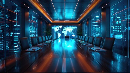 Modern high-tech boardroom with city view, featuring futuristic lighting, sleek design, and advanced digital interfaces.