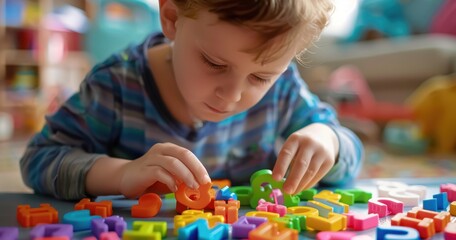 Young Child Learning Spelling with Educational Toy, Enhancing Language Proficiency Through Word Formation and Alphabet Arrangement