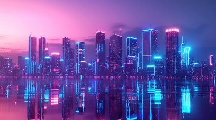 Obraz premium Futuristic cityscape at twilight with gradient ombre from neon blue to magenta, night sky background. Color gradient ombre