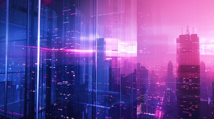 Fototapeta premium Cityscape with neon blue to magenta gradient ombre, sleek architecture and glass reflections, twilight scene. Color gradient ombre