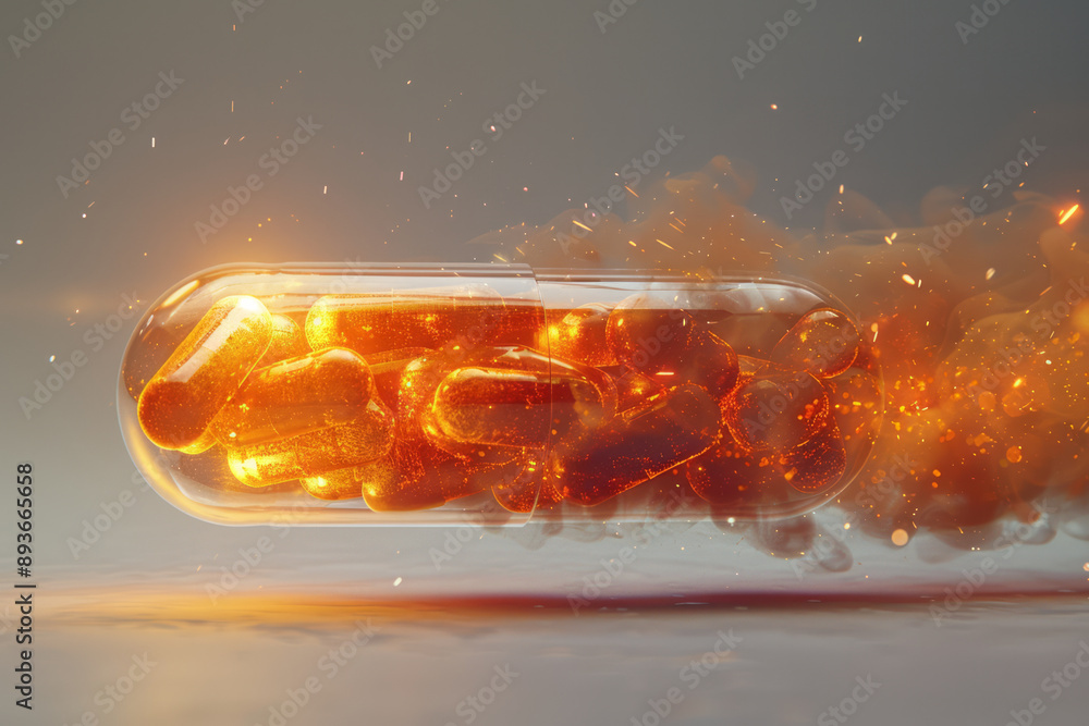 Poster surreal composition of a pill dissolving into a burst of light, set against a plain white background