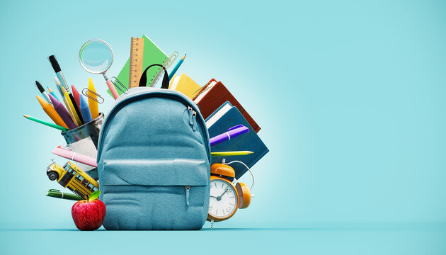 Blue backpack with alarm clock and school equipment. Back to school concept on blue background with copy space. 3D Rendering, 3D Illustration