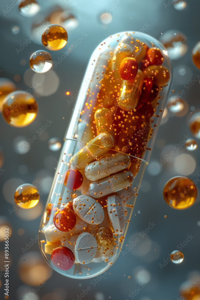 Poster abstract image of a pill with floating elements merging into the background, against a white backdro