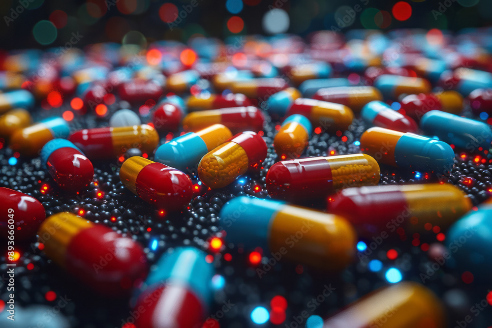 Poster minimalist design featuring floating pills arranged in a surreal pattern, on a dark backdrop,