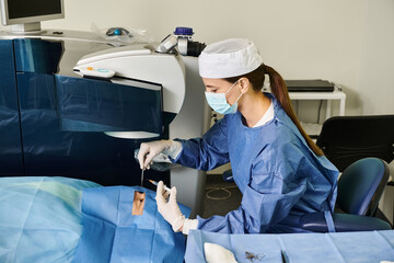 A woman in scrubs performs laser vision correction procedure.