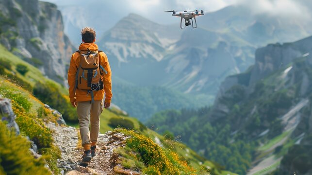 Drone Following an Adventurous Hiker on a Scenic Mountain Trail Capturing the Journey - Powered by Adobe