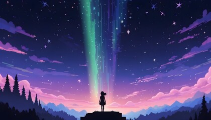 Dreamy Silhouette Under Northern Lights, aurora borealis in the mountains