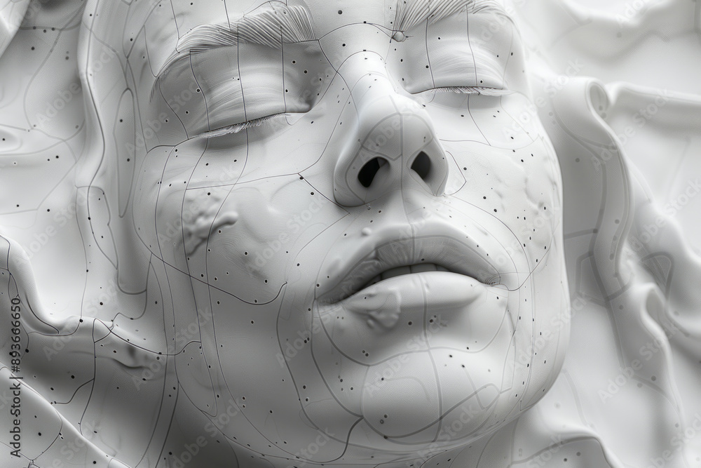Aufkleber minimalist design featuring an abstract face with lines indicating injection sites, against a light 