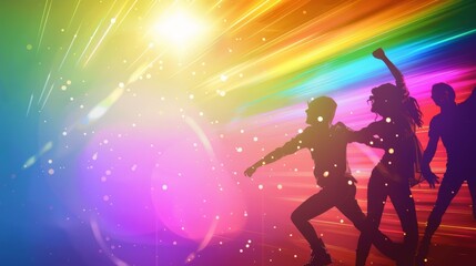 Energetic LGBTQ+ Celebration with Dancing Silhouettes and Vibrant Rainbow Spotlights
