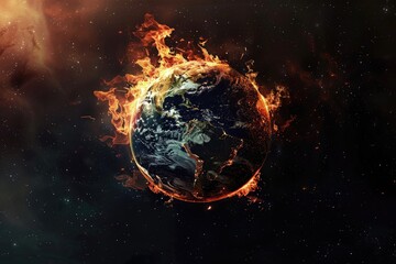 Planet Earth engulfed in flames against dark space backdrop