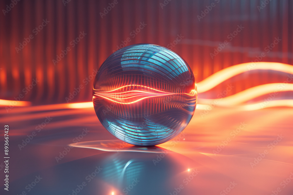 Poster minimalist abstract image of a disco ball with its reflections merging into waves of light, on a dar