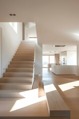 Fototapeta premium Modern Minimalist Interior Design with Wooden Staircase and Natural Light