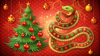 Christmas background with snake and christmas tree on red background. Vector illustration.