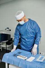 A man in a surgical gown performs precision operation on a machine.