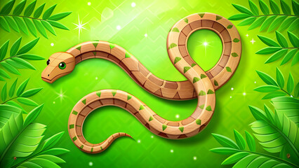 Fototapeta premium Cute cartoon snake on green background with leaves. Vector illustration.