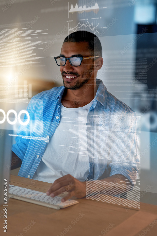 Fototapete Cyber overlay, screen and man on computer for coding, website development and programming. Cloud research, smile or IT technician typing code for online data, software algorithm or cybersecurity