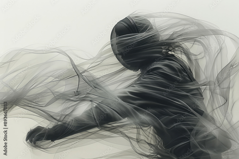 Poster surreal composition of a fencerâ€™s silhouette dissolving into flowing lines, set against a plain wh
