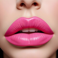 Obraz premium Close-up of a woman's lips with bright pink lipstick