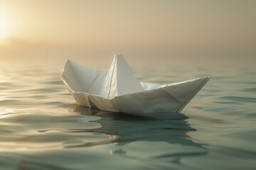 Obraz premium Simple yet surreal depiction of a paper boat floating on an invisible stream, against a beige background,
