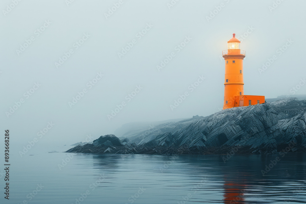 Poster abstract image of a lighthouse with its beam forming geometric patterns, against a white background,
