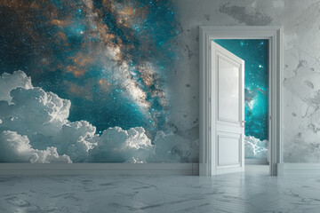 Surreal portrayal of a door opening to a starry night sky, set against a light gray backdrop,