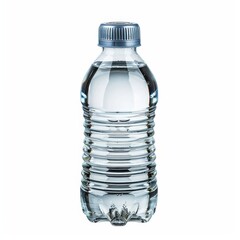 A bottle of water isolated on white background. The bottle is half-full of water and has a blue cap. The bottle is made of plastic and is transparent.