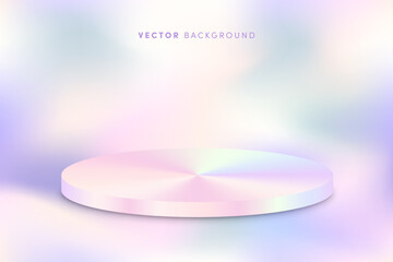 3d vector holographic product podium background. 3d render scene template with round shiny metallic stage on pastel iridescent background. Empty pedestal for product presentation, design, promo.