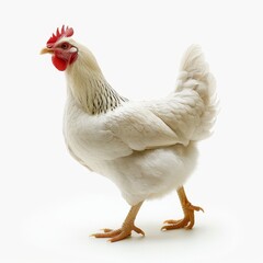 Fototapeta premium A white chicken standing on a white background. The chicken is looking at the camera.