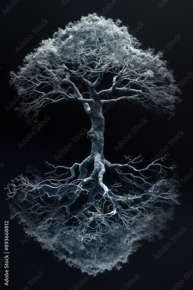 Poster abstract image of a tree with roots forming intricate patterns, on a black backdrop,