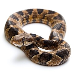 Fototapeta premium Close-up of a curled snake with brown and black scales on white background, showcasing the intricate patterns and texture of its skin.