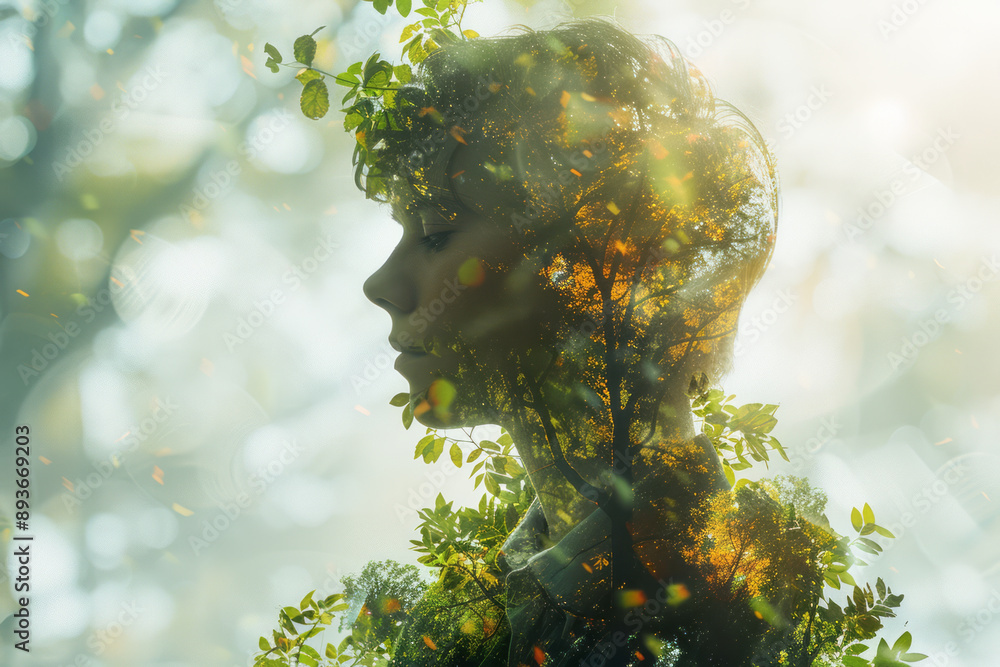 Poster abstract image of a forest ranger with floating leaves and branches merging into the background, aga