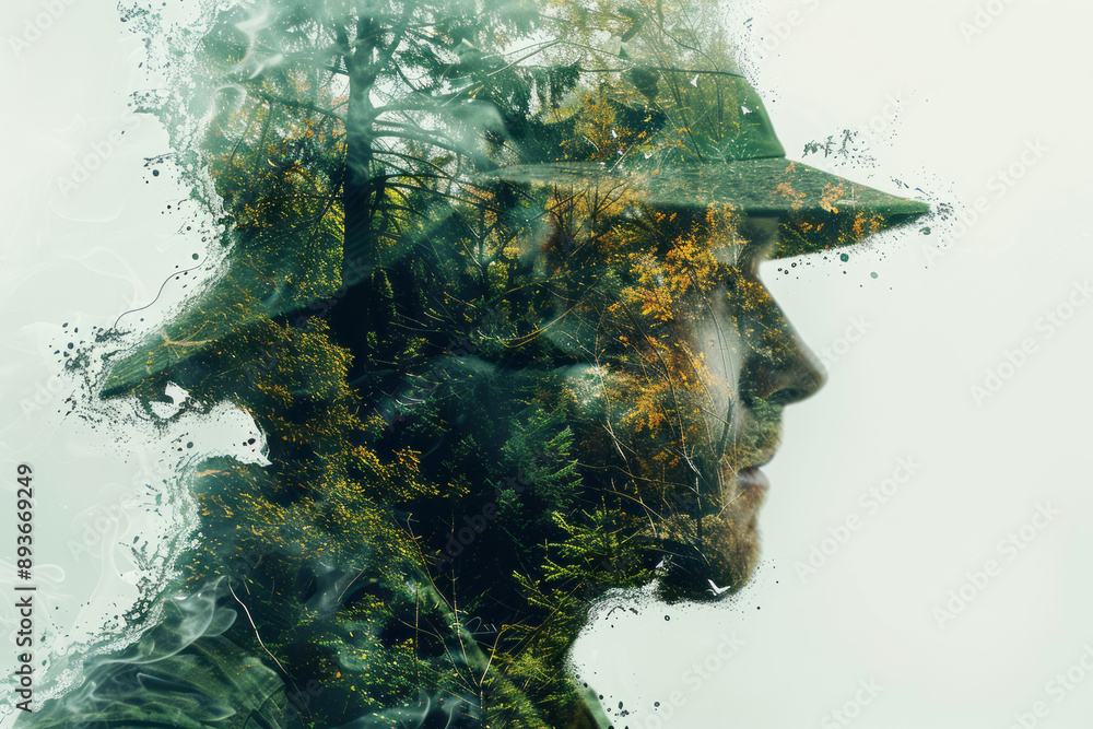 Poster abstract image of a forest ranger with floating leaves and branches merging into the background, aga